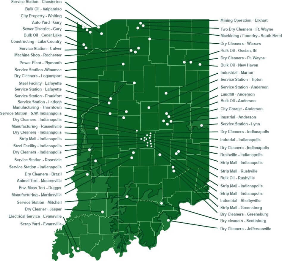 Map of client environmental clean-up sites in Indiana