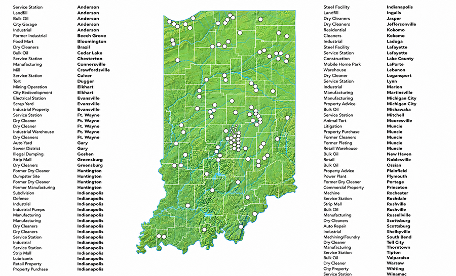 Map of client environmental clean-up sites in Indiana